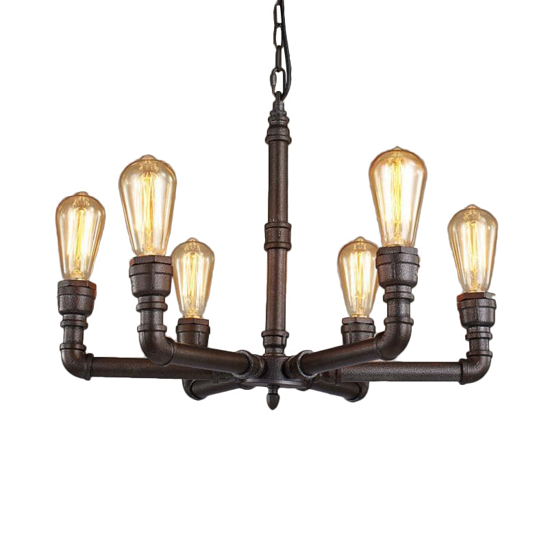 Metal Black Chandelier Lamp Piping 3/6 Bulbs Steampunk Up Pendant Ceiling Light for Bistro Clearhalo 'Cast Iron' 'Ceiling Lights' 'Chandeliers' 'Industrial Chandeliers' 'Industrial' 'Metal' 'Middle Century Chandeliers' 'Rustic Chandeliers' 'Tiffany' Lighting' 1948687