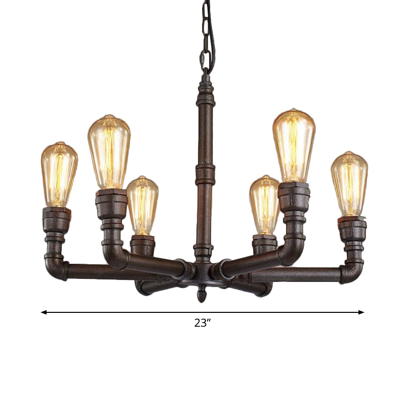 Metal Black Chandelier Lamp Piping 3/6 Bulbs Steampunk Up Pendant Ceiling Light for Bistro Clearhalo 'Cast Iron' 'Ceiling Lights' 'Chandeliers' 'Industrial Chandeliers' 'Industrial' 'Metal' 'Middle Century Chandeliers' 'Rustic Chandeliers' 'Tiffany' Lighting' 1948689
