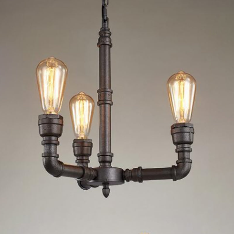Metal Black Chandelier Lamp Piping 3/6 Bulbs Steampunk Up Pendant Ceiling Light for Bistro Clearhalo 'Cast Iron' 'Ceiling Lights' 'Chandeliers' 'Industrial Chandeliers' 'Industrial' 'Metal' 'Middle Century Chandeliers' 'Rustic Chandeliers' 'Tiffany' Lighting' 1948691