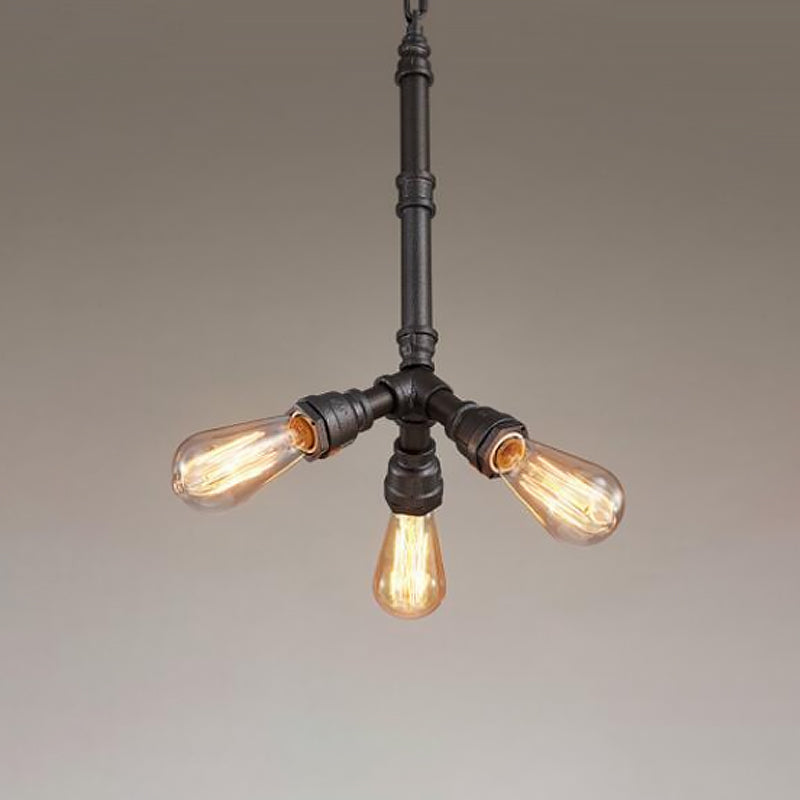 Metal Black Chandelier Lamp Piping 3/6 Bulbs Steampunk Up Pendant Ceiling Light for Bistro Clearhalo 'Cast Iron' 'Ceiling Lights' 'Chandeliers' 'Industrial Chandeliers' 'Industrial' 'Metal' 'Middle Century Chandeliers' 'Rustic Chandeliers' 'Tiffany' Lighting' 1948694