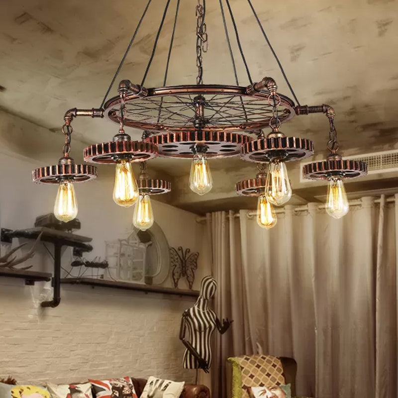 Antiqued Bronze Gear Chandelier Loft Style Iron 3/5/7-Light Living Room Ceiling Suspension Lamp Clearhalo 'Cast Iron' 'Ceiling Lights' 'Chandeliers' 'Industrial Chandeliers' 'Industrial' 'Metal' 'Middle Century Chandeliers' 'Rustic Chandeliers' 'Tiffany' Lighting' 1948697