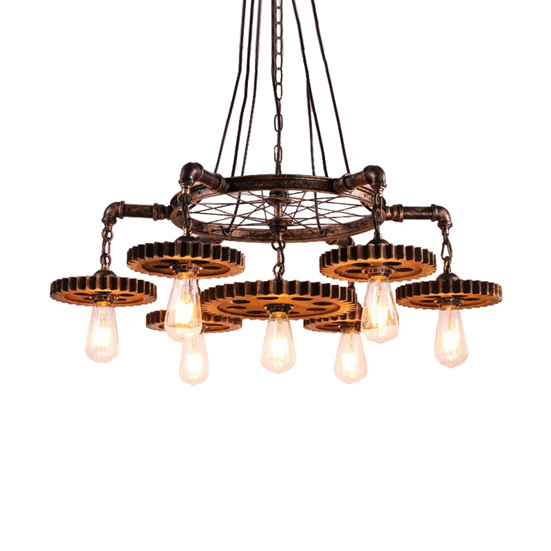 Antiqued Bronze Gear Chandelier Loft Style Iron 3/5/7-Light Living Room Ceiling Suspension Lamp Clearhalo 'Cast Iron' 'Ceiling Lights' 'Chandeliers' 'Industrial Chandeliers' 'Industrial' 'Metal' 'Middle Century Chandeliers' 'Rustic Chandeliers' 'Tiffany' Lighting' 1948699