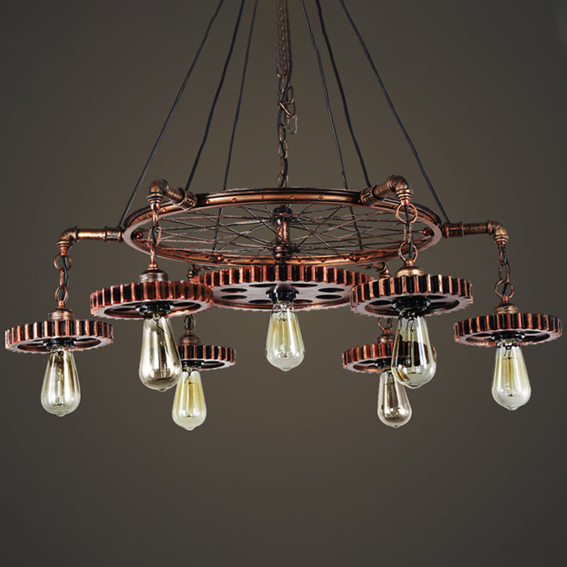 Antiqued Bronze Gear Chandelier Loft Style Iron 3/5/7-Light Living Room Ceiling Suspension Lamp Clearhalo 'Cast Iron' 'Ceiling Lights' 'Chandeliers' 'Industrial Chandeliers' 'Industrial' 'Metal' 'Middle Century Chandeliers' 'Rustic Chandeliers' 'Tiffany' Lighting' 1948700