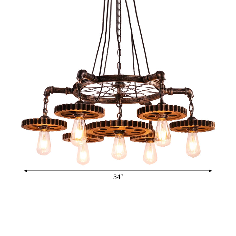 Antiqued Bronze Gear Chandelier Loft Style Iron 3/5/7-Light Living Room Ceiling Suspension Lamp Clearhalo 'Cast Iron' 'Ceiling Lights' 'Chandeliers' 'Industrial Chandeliers' 'Industrial' 'Metal' 'Middle Century Chandeliers' 'Rustic Chandeliers' 'Tiffany' Lighting' 1948701