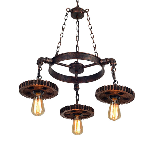 Antiqued Bronze Gear Chandelier Loft Style Iron 3/5/7-Light Living Room Ceiling Suspension Lamp 3 Antique Bronze Clearhalo 'Cast Iron' 'Ceiling Lights' 'Chandeliers' 'Industrial Chandeliers' 'Industrial' 'Metal' 'Middle Century Chandeliers' 'Rustic Chandeliers' 'Tiffany' Lighting' 1948707