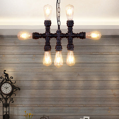 Black 7-Head Chandelier Light Industrial-Style Wrought Iron Plumbing Pipe Pendant Light Fixture Black Clearhalo 'Cast Iron' 'Ceiling Lights' 'Chandeliers' 'Industrial Chandeliers' 'Industrial' 'Metal' 'Middle Century Chandeliers' 'Rustic Chandeliers' 'Tiffany' Lighting' 1948710