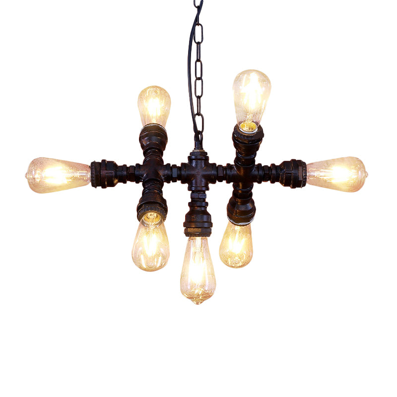 Black 7-Head Chandelier Light Industrial-Style Wrought Iron Plumbing Pipe Pendant Light Fixture Clearhalo 'Cast Iron' 'Ceiling Lights' 'Chandeliers' 'Industrial Chandeliers' 'Industrial' 'Metal' 'Middle Century Chandeliers' 'Rustic Chandeliers' 'Tiffany' Lighting' 1948712