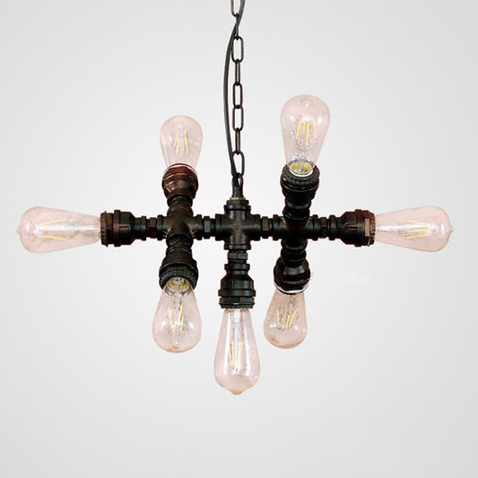 Black 7-Head Chandelier Light Industrial-Style Wrought Iron Plumbing Pipe Pendant Light Fixture Clearhalo 'Cast Iron' 'Ceiling Lights' 'Chandeliers' 'Industrial Chandeliers' 'Industrial' 'Metal' 'Middle Century Chandeliers' 'Rustic Chandeliers' 'Tiffany' Lighting' 1948713
