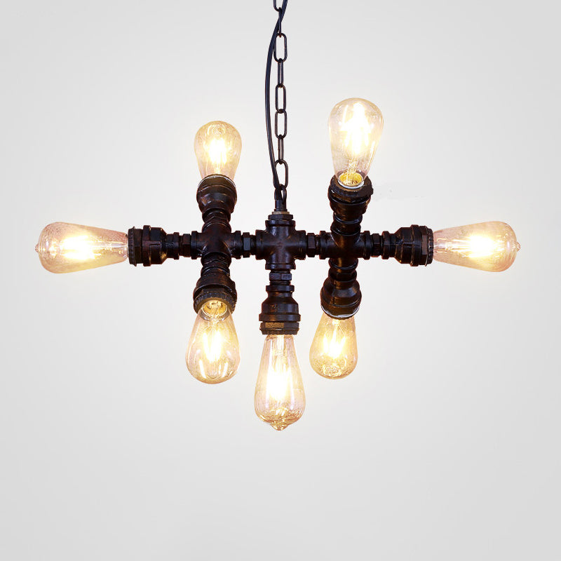 Black 7-Head Chandelier Light Industrial-Style Wrought Iron Plumbing Pipe Pendant Light Fixture Clearhalo 'Cast Iron' 'Ceiling Lights' 'Chandeliers' 'Industrial Chandeliers' 'Industrial' 'Metal' 'Middle Century Chandeliers' 'Rustic Chandeliers' 'Tiffany' Lighting' 1948714