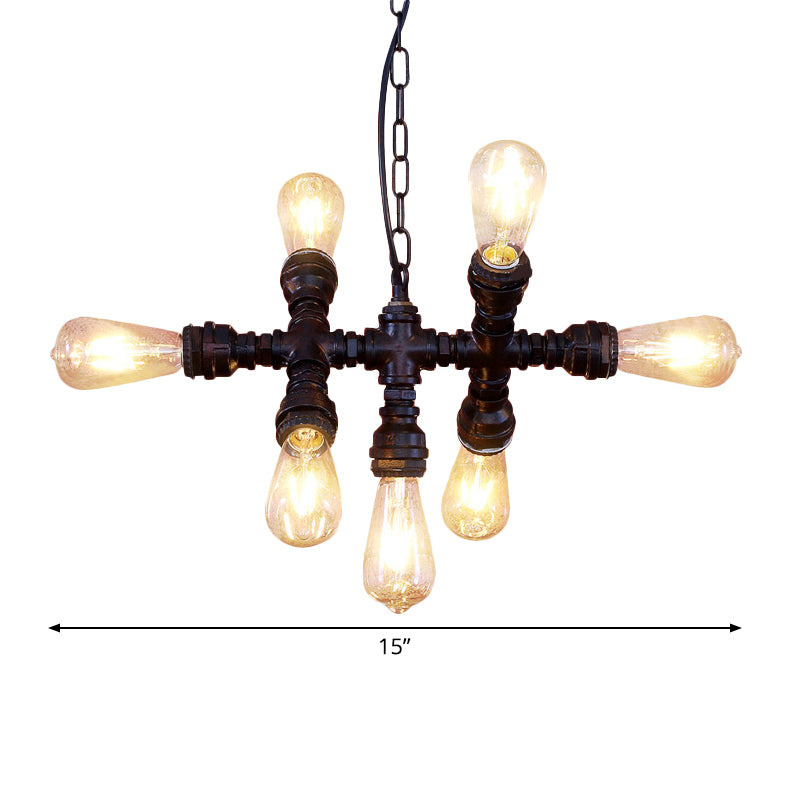Black 7-Head Chandelier Light Industrial-Style Wrought Iron Plumbing Pipe Pendant Light Fixture Clearhalo 'Cast Iron' 'Ceiling Lights' 'Chandeliers' 'Industrial Chandeliers' 'Industrial' 'Metal' 'Middle Century Chandeliers' 'Rustic Chandeliers' 'Tiffany' Lighting' 1948715