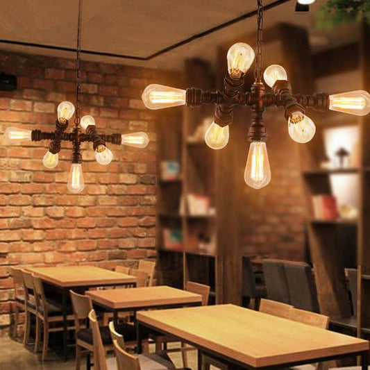 Sputnik Design Piping Bistro Chandelier Steampunk Iron 7-Bulb Antique Bronze Ceiling Hang Light Clearhalo 'Cast Iron' 'Ceiling Lights' 'Chandeliers' 'Industrial Chandeliers' 'Industrial' 'Metal' 'Middle Century Chandeliers' 'Rustic Chandeliers' 'Tiffany' Lighting' 1948717