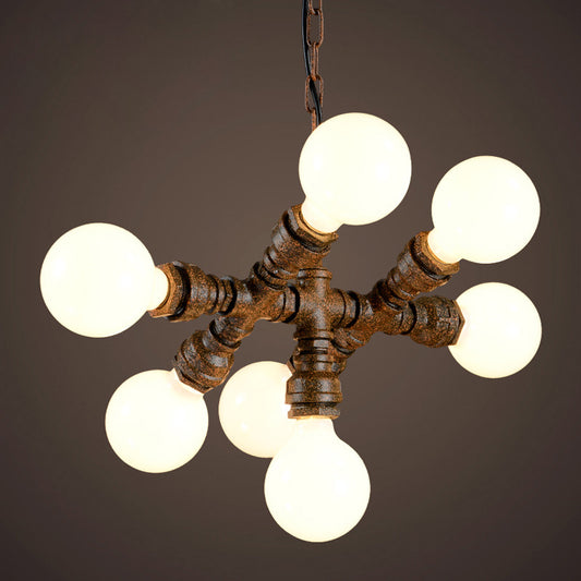Warehouse Water Pipe Hanging Lamp 7 Lights Iron Chandelier Lighting in Rust for Bistro Rust Clearhalo 'Cast Iron' 'Ceiling Lights' 'Chandeliers' 'Industrial Chandeliers' 'Industrial' 'Metal' 'Middle Century Chandeliers' 'Rustic Chandeliers' 'Tiffany' Lighting' 1948722