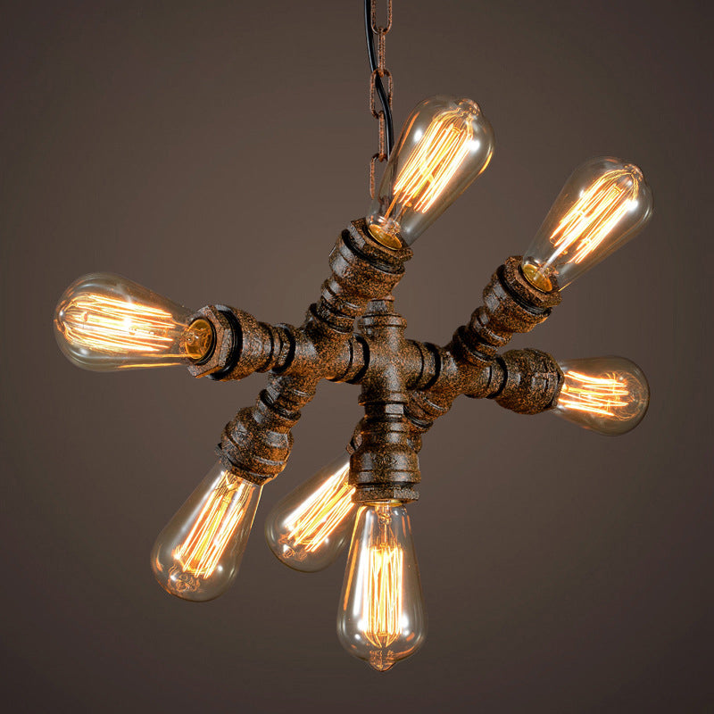 Warehouse Water Pipe Hanging Lamp 7 Lights Iron Chandelier Lighting in Rust for Bistro Clearhalo 'Cast Iron' 'Ceiling Lights' 'Chandeliers' 'Industrial Chandeliers' 'Industrial' 'Metal' 'Middle Century Chandeliers' 'Rustic Chandeliers' 'Tiffany' Lighting' 1948723