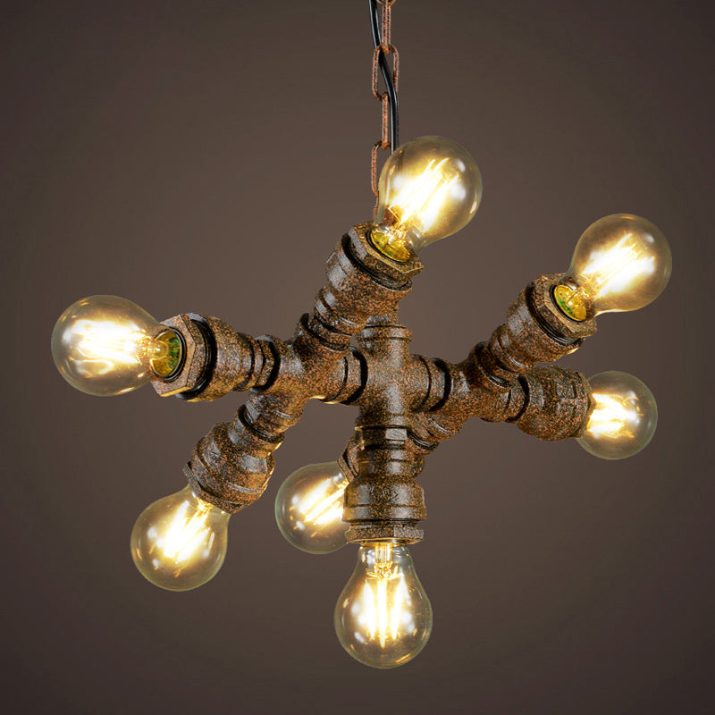 Warehouse Water Pipe Hanging Lamp 7 Lights Iron Chandelier Lighting in Rust for Bistro Clearhalo 'Cast Iron' 'Ceiling Lights' 'Chandeliers' 'Industrial Chandeliers' 'Industrial' 'Metal' 'Middle Century Chandeliers' 'Rustic Chandeliers' 'Tiffany' Lighting' 1948724