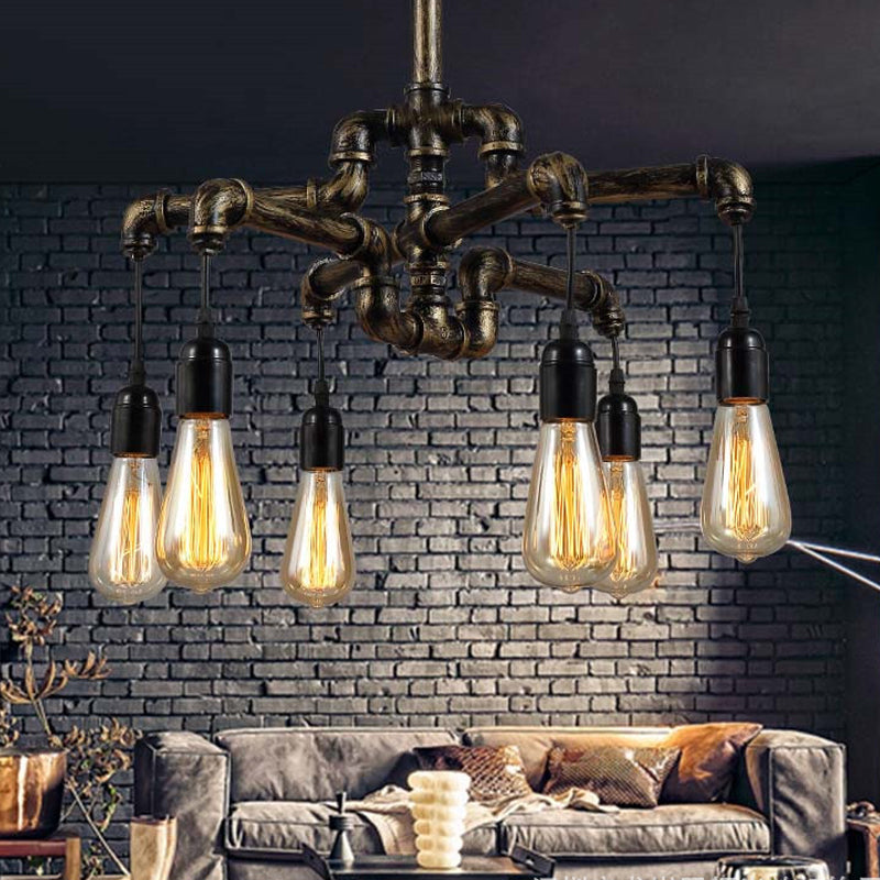 Iron Pipe Hanging Chandelier Industrial 4/6-Head Dining Table Suspension Pendant Light in Black/Bronze 6 Bronze Clearhalo 'Cast Iron' 'Ceiling Lights' 'Chandeliers' 'Industrial Chandeliers' 'Industrial' 'Metal' 'Middle Century Chandeliers' 'Rustic Chandeliers' 'Tiffany' Lighting' 1948728