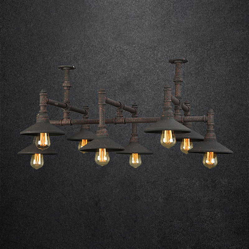 Black/Rust Saucer Shade Chandelier Steampunk Iron 5/8/11 Bulbs Living Room Piping Hanging Lamp Clearhalo 'Cast Iron' 'Ceiling Lights' 'Chandeliers' 'Industrial Chandeliers' 'Industrial' 'Metal' 'Middle Century Chandeliers' 'Rustic Chandeliers' 'Tiffany' Lighting' 1948741