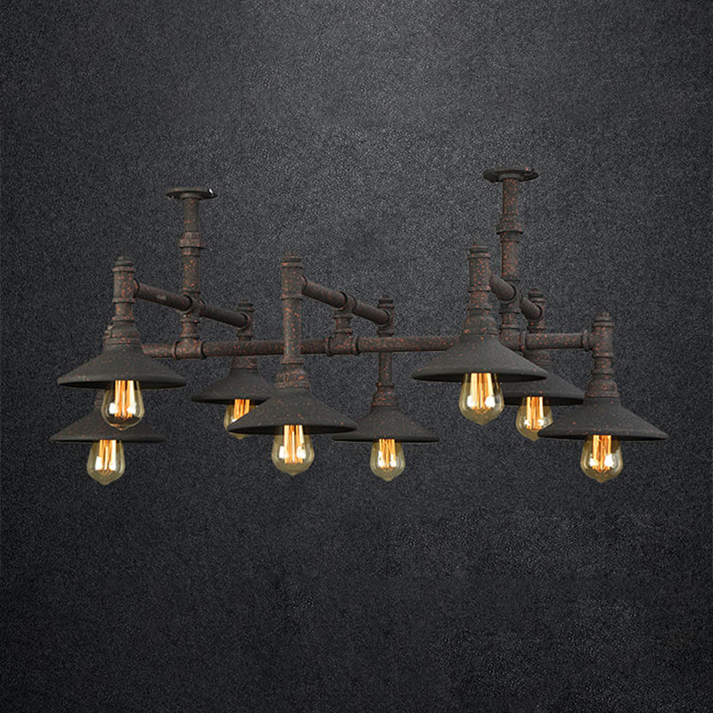 Black/Rust Saucer Shade Chandelier Steampunk Iron 5/8/11 Bulbs Living Room Piping Hanging Lamp Clearhalo 'Cast Iron' 'Ceiling Lights' 'Chandeliers' 'Industrial Chandeliers' 'Industrial' 'Metal' 'Middle Century Chandeliers' 'Rustic Chandeliers' 'Tiffany' Lighting' 1948741
