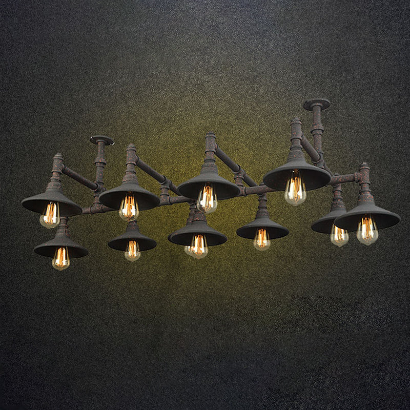 Black/Rust Saucer Shade Chandelier Steampunk Iron 5/8/11 Bulbs Living Room Piping Hanging Lamp Clearhalo 'Cast Iron' 'Ceiling Lights' 'Chandeliers' 'Industrial Chandeliers' 'Industrial' 'Metal' 'Middle Century Chandeliers' 'Rustic Chandeliers' 'Tiffany' Lighting' 1948744