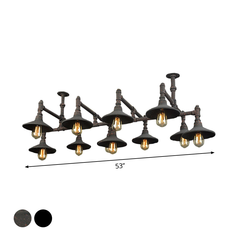 Black/Rust Saucer Shade Chandelier Steampunk Iron 5/8/11 Bulbs Living Room Piping Hanging Lamp Clearhalo 'Cast Iron' 'Ceiling Lights' 'Chandeliers' 'Industrial Chandeliers' 'Industrial' 'Metal' 'Middle Century Chandeliers' 'Rustic Chandeliers' 'Tiffany' Lighting' 1948745