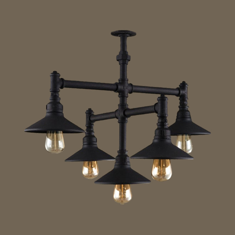 Black/Rust Saucer Shade Chandelier Steampunk Iron 5/8/11 Bulbs Living Room Piping Hanging Lamp Clearhalo 'Cast Iron' 'Ceiling Lights' 'Chandeliers' 'Industrial Chandeliers' 'Industrial' 'Metal' 'Middle Century Chandeliers' 'Rustic Chandeliers' 'Tiffany' Lighting' 1948748