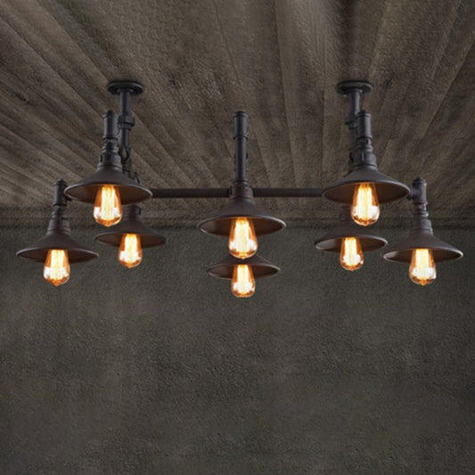 Black/Rust Saucer Shade Chandelier Steampunk Iron 5/8/11 Bulbs Living Room Piping Hanging Lamp Clearhalo 'Cast Iron' 'Ceiling Lights' 'Chandeliers' 'Industrial Chandeliers' 'Industrial' 'Metal' 'Middle Century Chandeliers' 'Rustic Chandeliers' 'Tiffany' Lighting' 1948751