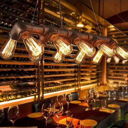 Black/Copper Symmetric Piping Pendant Industrial Metal 10 Bulbs Kitchen Dinette Island Light Fixture Clearhalo 'Ceiling Lights' 'Island Lights' Lighting' 1948780