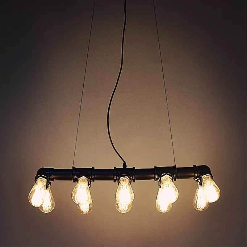 Iron Black Pendant Lamp Piping Linear 3/5/10-Head Industrial Style Hanging Light over Island 10 Black Clearhalo 'Ceiling Lights' 'Island Lights' Lighting' 1948786