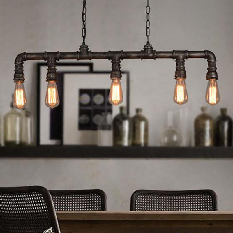 Water Pipe Dining Room Pendant Light Steampunk Metal 5 Bulbs Black Hanging Island Light Clearhalo 'Ceiling Lights' 'Island Lights' Lighting' 1948809