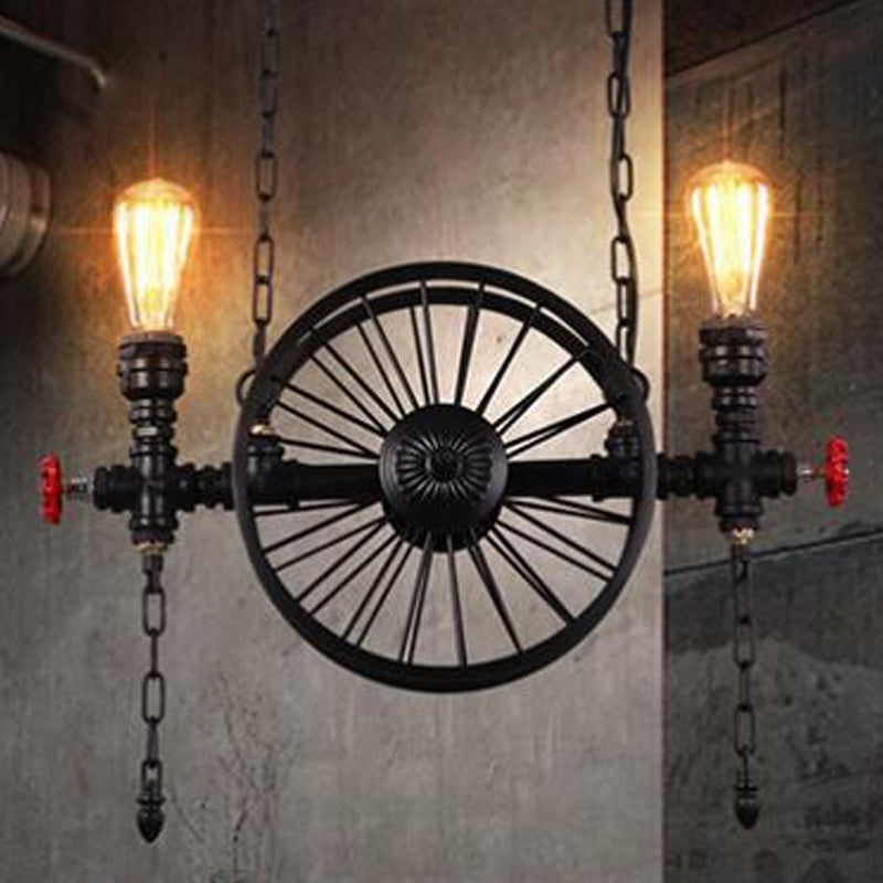 Wheel Piping Living Room Island Light Industrial Iron 2/3/4 Heads Black Hanging Light Fixture 2 Black Clearhalo 'Ceiling Lights' 'Island Lights' Lighting' 1948813