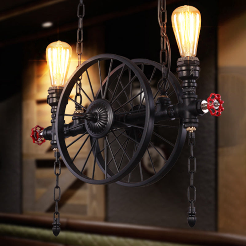 Wheel Piping Living Room Island Light Industrial Iron 2/3/4 Heads Black Hanging Light Fixture Clearhalo 'Ceiling Lights' 'Island Lights' Lighting' 1948814