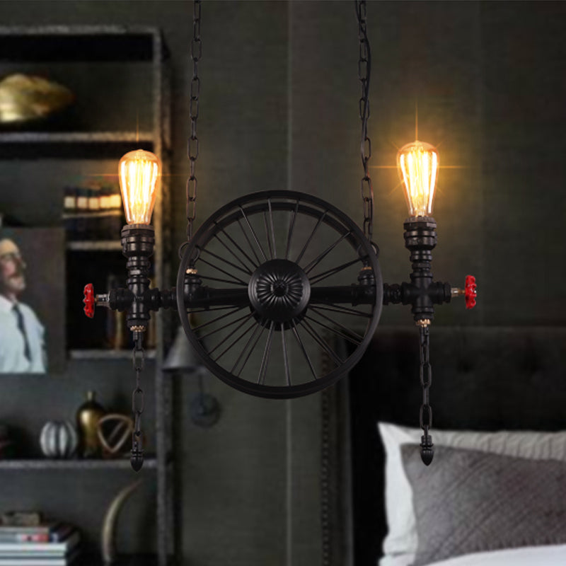 Wheel Piping Living Room Island Light Industrial Iron 2/3/4 Heads Black Hanging Light Fixture Clearhalo 'Ceiling Lights' 'Island Lights' Lighting' 1948815