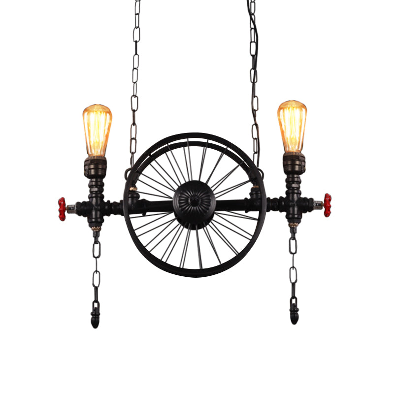 Wheel Piping Living Room Island Light Industrial Iron 2/3/4 Heads Black Hanging Light Fixture Clearhalo 'Ceiling Lights' 'Island Lights' Lighting' 1948816