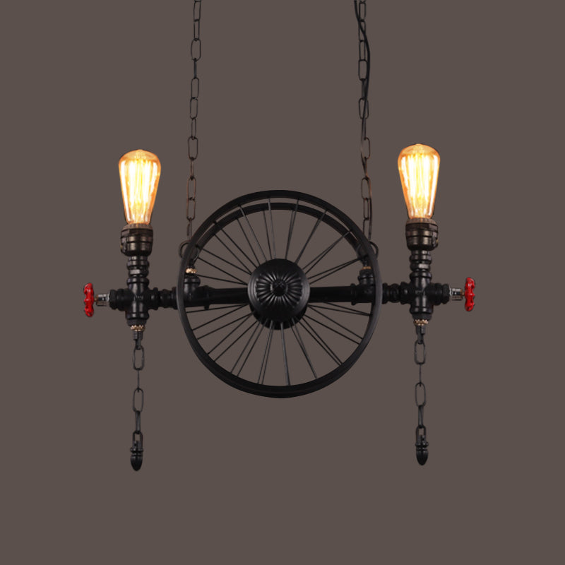 Wheel Piping Living Room Island Light Industrial Iron 2/3/4 Heads Black Hanging Light Fixture Clearhalo 'Ceiling Lights' 'Island Lights' Lighting' 1948817