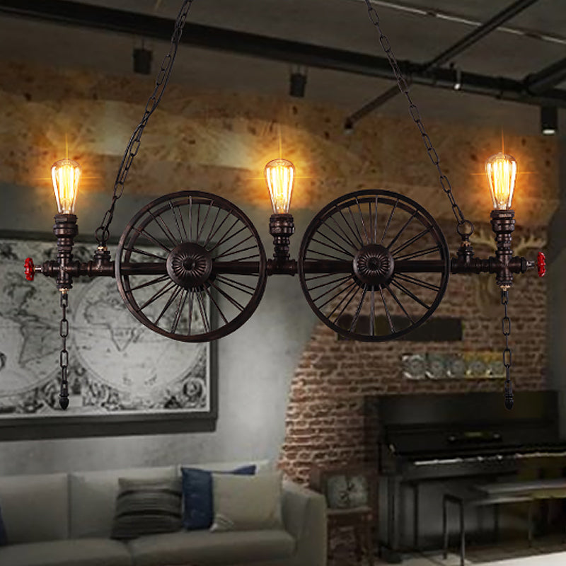 Wheel Piping Living Room Island Light Industrial Iron 2/3/4 Heads Black Hanging Light Fixture 3 Black Clearhalo 'Ceiling Lights' 'Island Lights' Lighting' 1948819