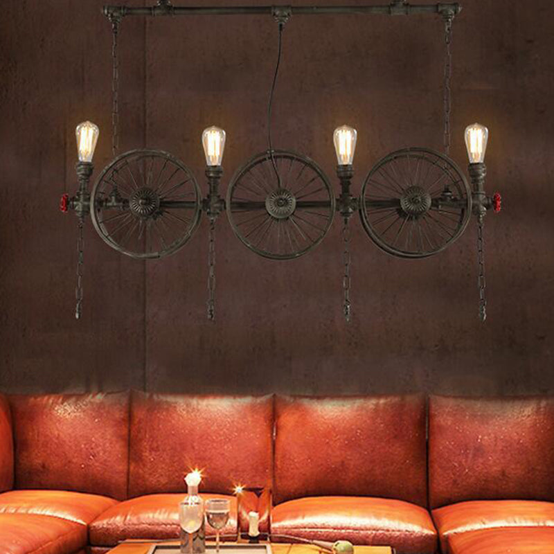 Wheel Piping Living Room Island Light Industrial Iron 2/3/4 Heads Black Hanging Light Fixture 4 Black Clearhalo 'Ceiling Lights' 'Island Lights' Lighting' 1948823