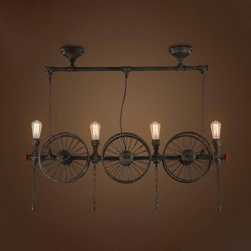 Wheel Piping Living Room Island Light Industrial Iron 2/3/4 Heads Black Hanging Light Fixture Clearhalo 'Ceiling Lights' 'Island Lights' Lighting' 1948825