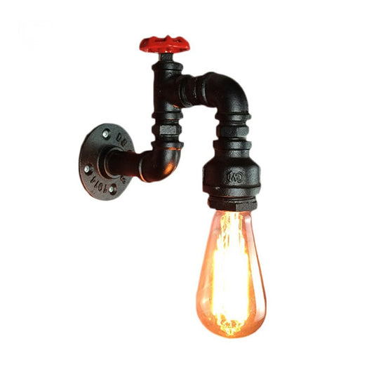 Black Faucet Wall Mount Lamp Steampunk Iron 1-Light Living Room Wall Light Kit with Red Valve Clearhalo 'Art deco wall lights' 'Cast Iron' 'Glass' 'Industrial wall lights' 'Industrial' 'Middle century wall lights' 'Modern' 'Rustic wall lights' 'Tiffany' 'Traditional wall lights' 'Wall Lamps & Sconces' 'Wall Lights' Lighting' 1948839