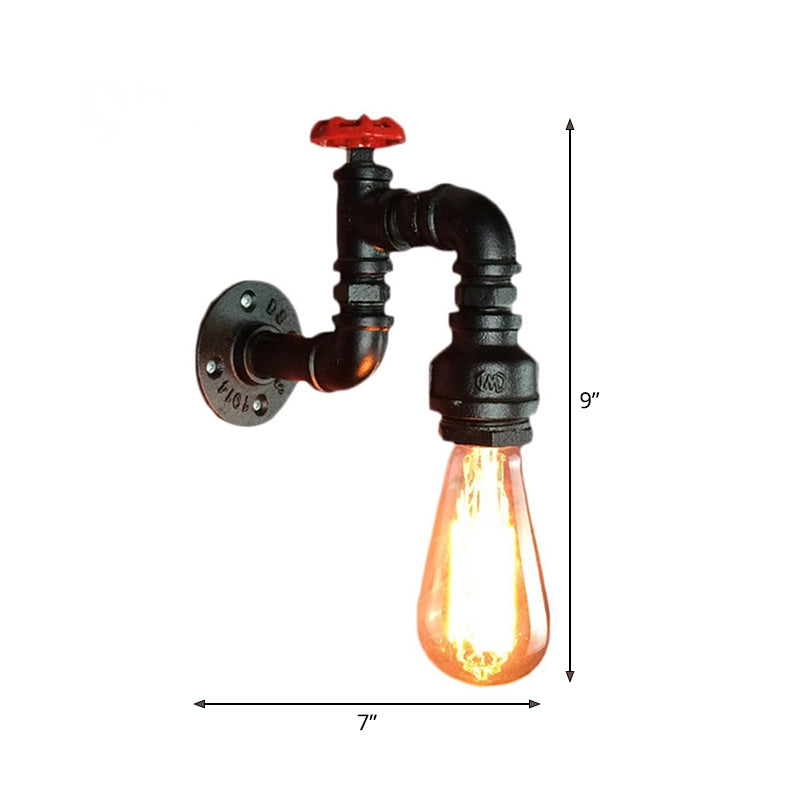 Black Faucet Wall Mount Lamp Steampunk Iron 1-Light Living Room Wall Light Kit with Red Valve Clearhalo 'Art deco wall lights' 'Cast Iron' 'Glass' 'Industrial wall lights' 'Industrial' 'Middle century wall lights' 'Modern' 'Rustic wall lights' 'Tiffany' 'Traditional wall lights' 'Wall Lamps & Sconces' 'Wall Lights' Lighting' 1948840