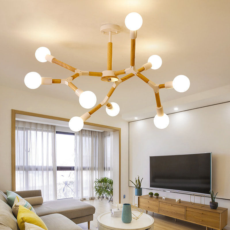 Wooden Molecular Chandelier Modern Style 3/6/9 Lights Black/White Ceiling Hang Lamp with Bare Bulb Design 9 White Clearhalo 'Carpenter Chandeliers' 'Ceiling Lights' 'Chandeliers' 'Industrial' 'Modern Chandeliers' 'Modern' Lighting' 1948925