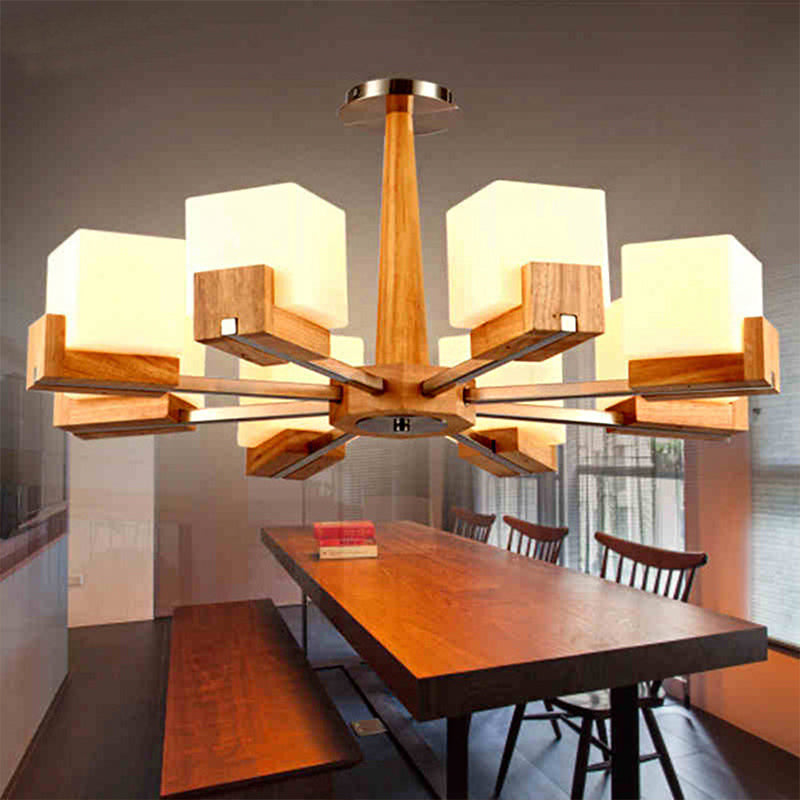 Cubic Chandelier Lighting Nordic Acrylic 3/5/8-Head Wood Chain-Hang/Flushmount Pendant Lamp for Dining Room 8 Wood Flushmount Clearhalo 'Carpenter Chandeliers' 'Ceiling Lights' 'Chandeliers' 'Industrial' 'Modern Chandeliers' 'Modern' Lighting' 1948941