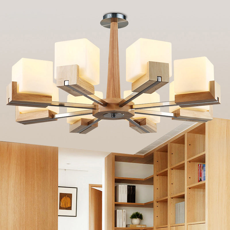 Cubic Chandelier Lighting Nordic Acrylic 3/5/8-Head Wood Chain-Hang/Flushmount Pendant Lamp for Dining Room Clearhalo 'Carpenter Chandeliers' 'Ceiling Lights' 'Chandeliers' 'Industrial' 'Modern Chandeliers' 'Modern' Lighting' 1948942