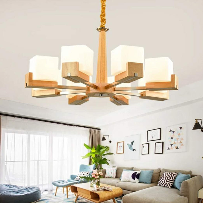 Cubic Chandelier Lighting Nordic Acrylic 3/5/8-Head Wood Chain-Hang/Flushmount Pendant Lamp for Dining Room 8 Wood Chain Clearhalo 'Carpenter Chandeliers' 'Ceiling Lights' 'Chandeliers' 'Industrial' 'Modern Chandeliers' 'Modern' Lighting' 1948946