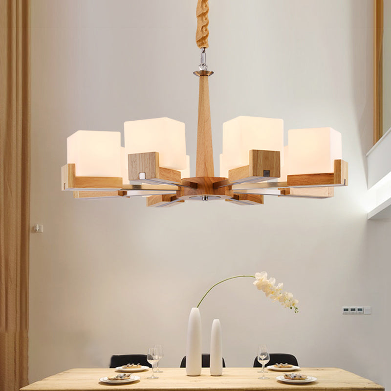 Cubic Chandelier Lighting Nordic Acrylic 3/5/8-Head Wood Chain-Hang/Flushmount Pendant Lamp for Dining Room Clearhalo 'Carpenter Chandeliers' 'Ceiling Lights' 'Chandeliers' 'Industrial' 'Modern Chandeliers' 'Modern' Lighting' 1948947