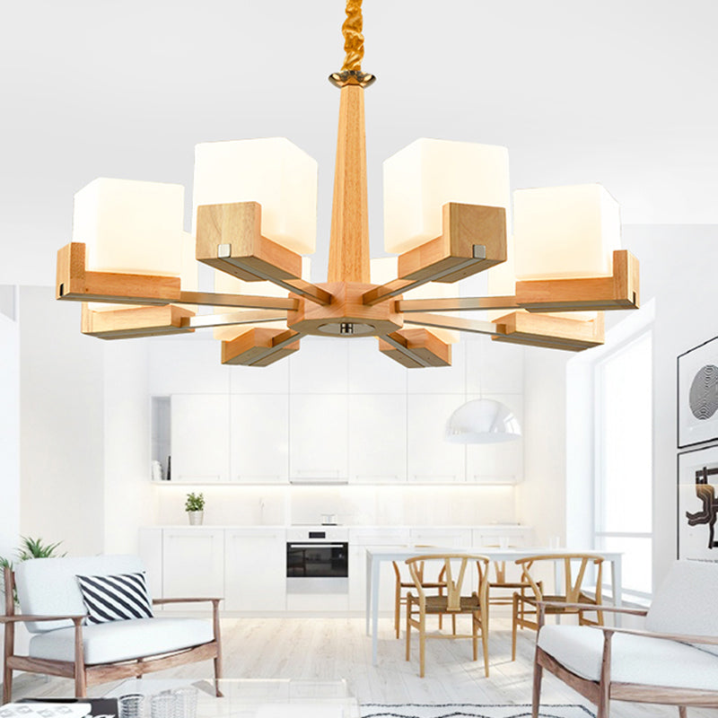 Cubic Chandelier Lighting Nordic Acrylic 3/5/8-Head Wood Chain-Hang/Flushmount Pendant Lamp for Dining Room Clearhalo 'Carpenter Chandeliers' 'Ceiling Lights' 'Chandeliers' 'Industrial' 'Modern Chandeliers' 'Modern' Lighting' 1948948