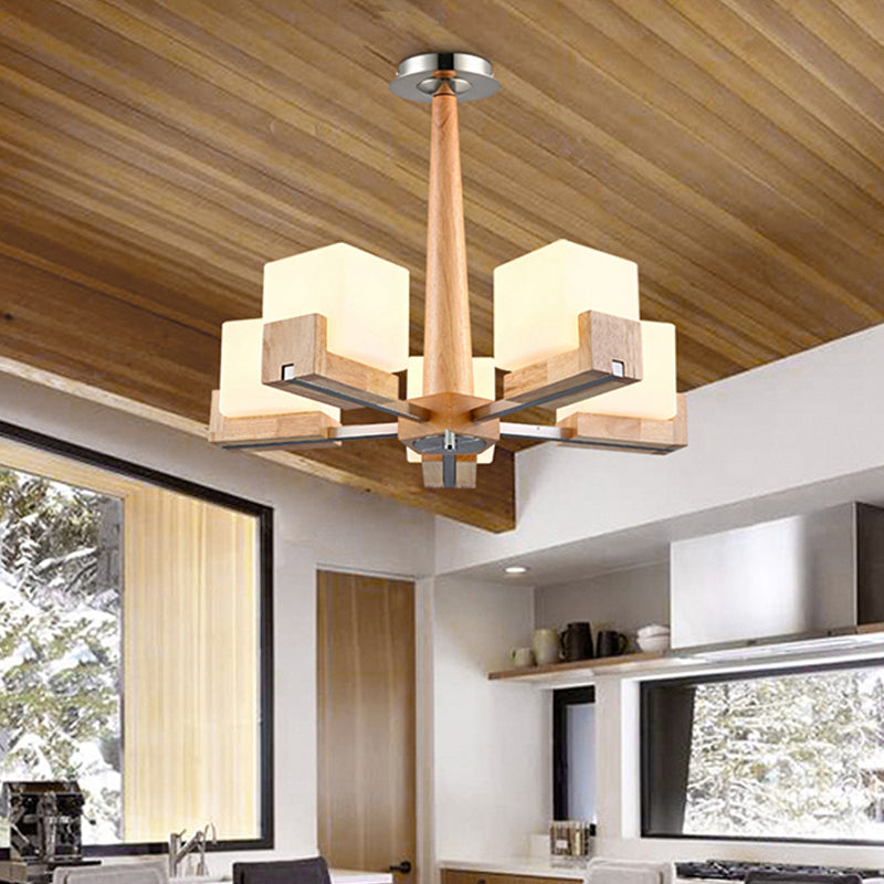 Cubic Chandelier Lighting Nordic Acrylic 3/5/8-Head Wood Chain-Hang/Flushmount Pendant Lamp for Dining Room Clearhalo 'Carpenter Chandeliers' 'Ceiling Lights' 'Chandeliers' 'Industrial' 'Modern Chandeliers' 'Modern' Lighting' 1948952