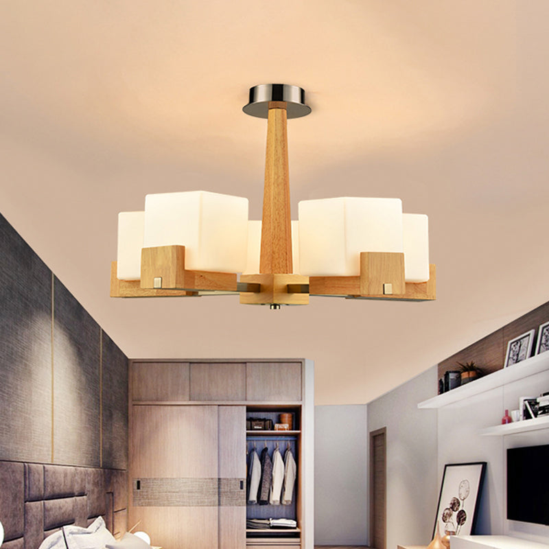 Cubic Chandelier Lighting Nordic Acrylic 3/5/8-Head Wood Chain-Hang/Flushmount Pendant Lamp for Dining Room Clearhalo 'Carpenter Chandeliers' 'Ceiling Lights' 'Chandeliers' 'Industrial' 'Modern Chandeliers' 'Modern' Lighting' 1948953