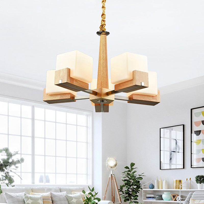 Cubic Chandelier Lighting Nordic Acrylic 3/5/8-Head Wood Chain-Hang/Flushmount Pendant Lamp for Dining Room 5 Wood Chain Clearhalo 'Carpenter Chandeliers' 'Ceiling Lights' 'Chandeliers' 'Industrial' 'Modern Chandeliers' 'Modern' Lighting' 1948956