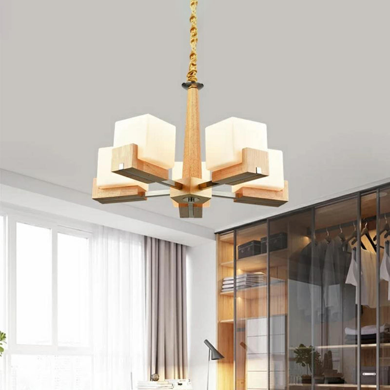 Cubic Chandelier Lighting Nordic Acrylic 3/5/8-Head Wood Chain-Hang/Flushmount Pendant Lamp for Dining Room Clearhalo 'Carpenter Chandeliers' 'Ceiling Lights' 'Chandeliers' 'Industrial' 'Modern Chandeliers' 'Modern' Lighting' 1948957