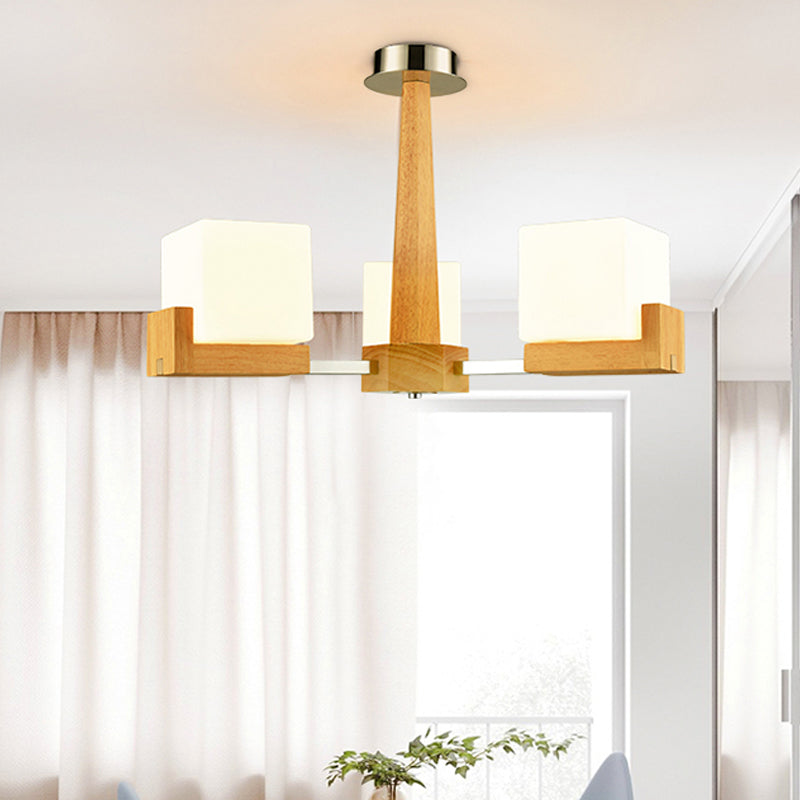 Cubic Chandelier Lighting Nordic Acrylic 3/5/8-Head Wood Chain-Hang/Flushmount Pendant Lamp for Dining Room 3 Wood Flushmount Clearhalo 'Carpenter Chandeliers' 'Ceiling Lights' 'Chandeliers' 'Industrial' 'Modern Chandeliers' 'Modern' Lighting' 1948960