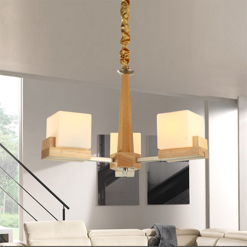 Cubic Chandelier Lighting Nordic Acrylic 3/5/8-Head Wood Chain-Hang/Flushmount Pendant Lamp for Dining Room 3 Wood Chain Clearhalo 'Carpenter Chandeliers' 'Ceiling Lights' 'Chandeliers' 'Industrial' 'Modern Chandeliers' 'Modern' Lighting' 1948963